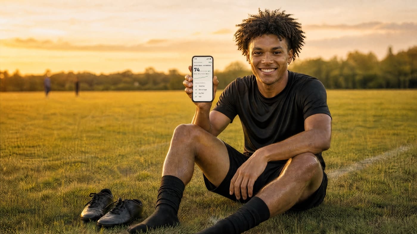 A player holds up his phone showing his STAI match report